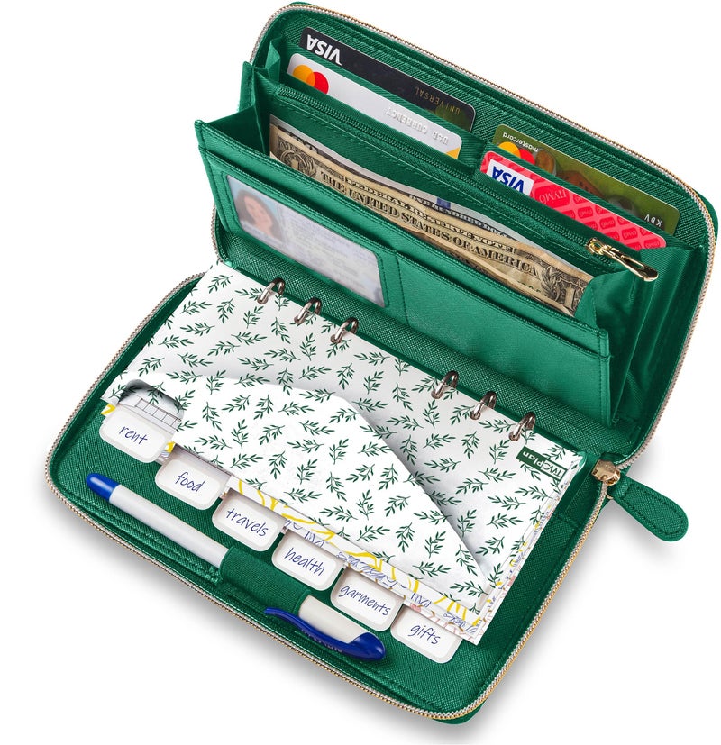 THREE WAY CUT Cash Envelope Wallet Emerald Green All in One Budget System with 12 Cash Stuffing Money Envelopes, 12 Monthly Budget Cards, Yearly Budget Planner sheet Complete Money Organizer Set RFID Blocking - Image 1